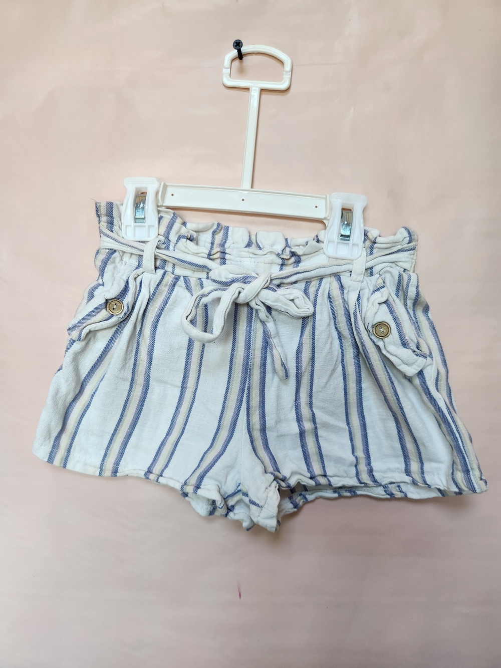 1st Kiss White and Blue Striped Paperbag Waist Shorts